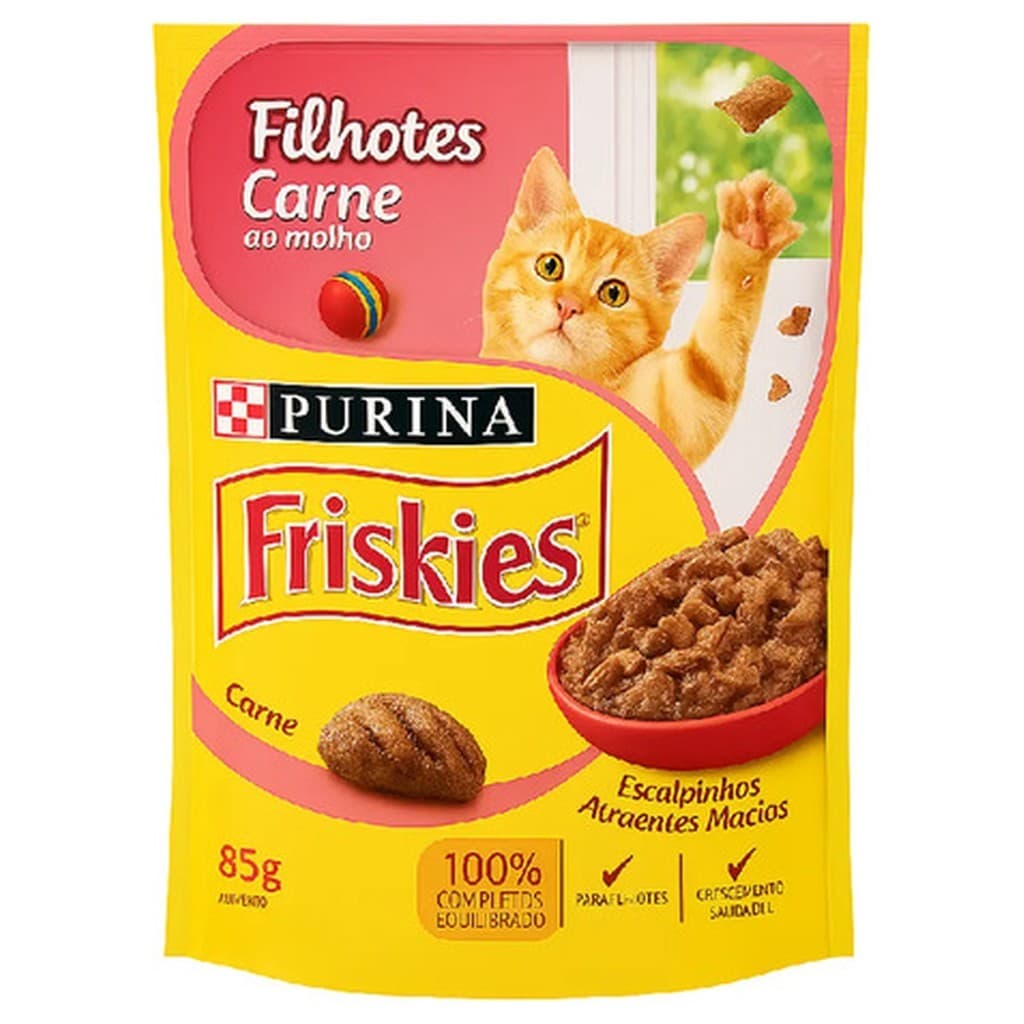 Sachê Friskies Gato Filhote Carne 85g Purina Ração Úmida Filhotes 1 à 12 meses