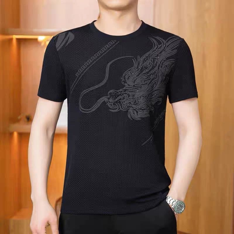 Camiseta masculina Casual de manga curta com gola redonda e Jacquard de seda gelada Plus Size