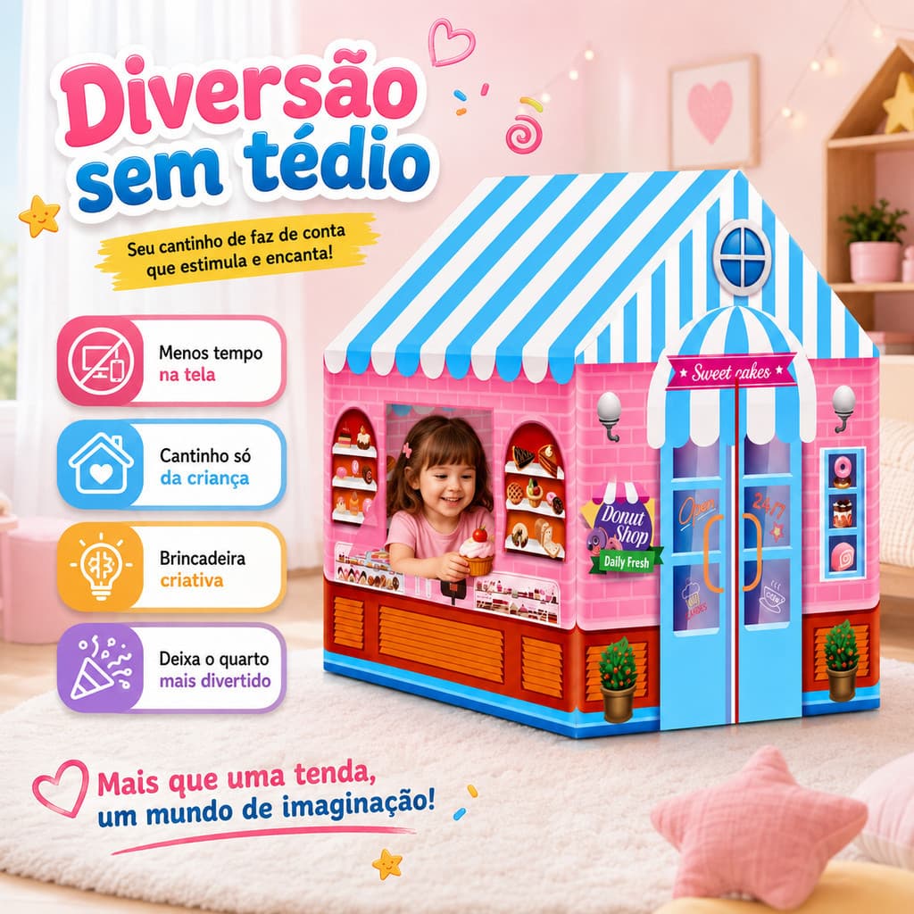 Barraca Infantil Cabana Casinha de Brincar com Luzes Doceria Rosa e Azul 93x69x103cm Fácil de Montar