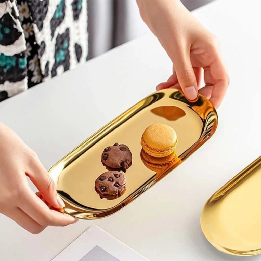 Bandeja Organizadora Dourada Aço Inox 23cm Porta Objetos Joias Frutas e Decoração