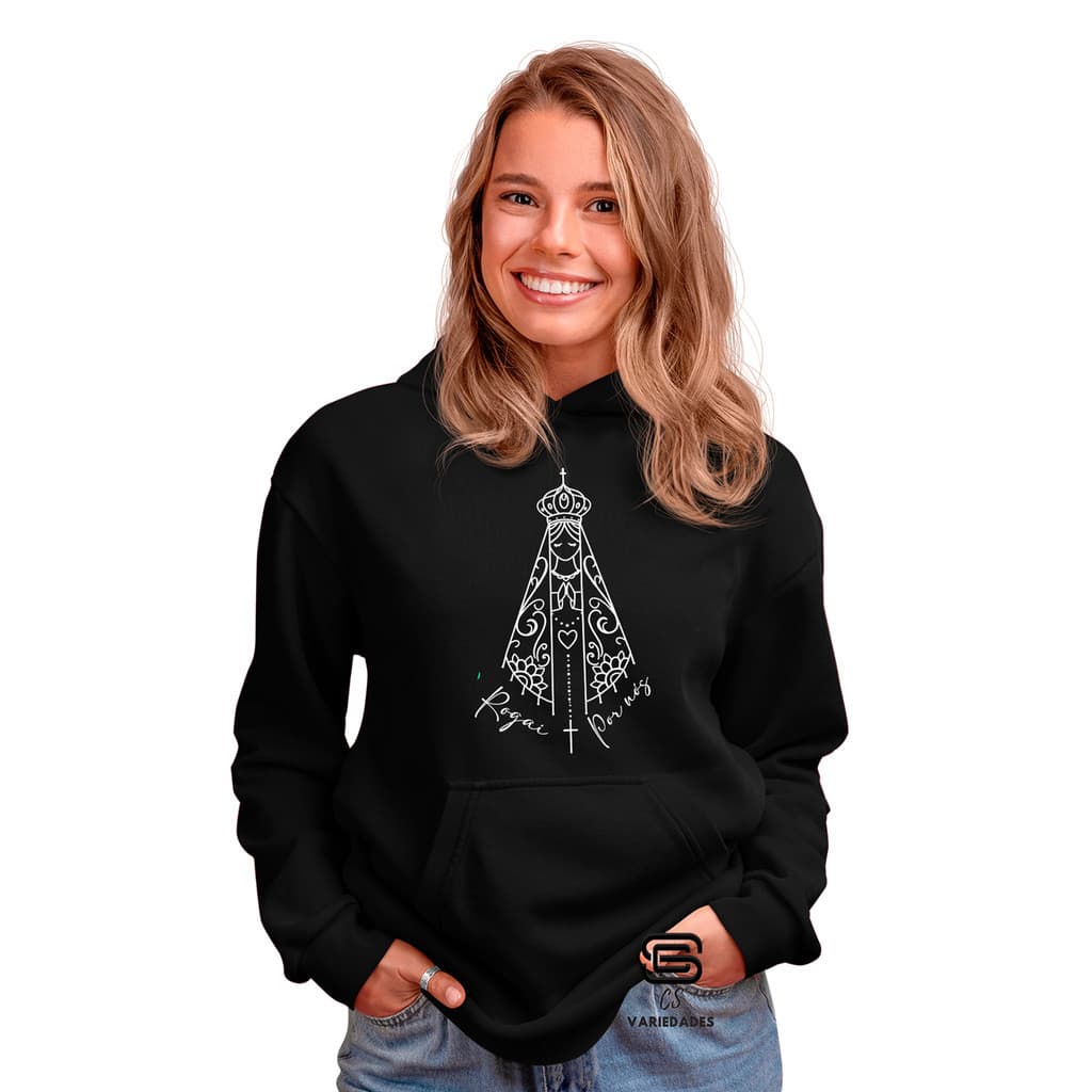 Moletom Unissex Nossa Senhora Estampa religiosa Casaco Blusa de frio com bolso e capuz Diversas cores confortavel