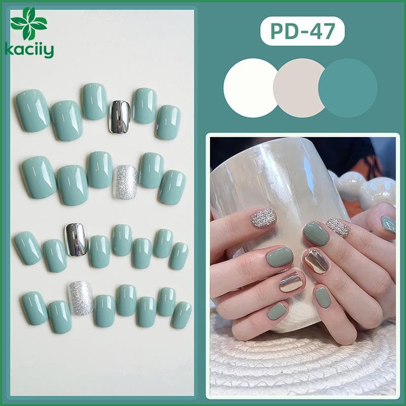 KC 28 Unidades/Caixa Unhas Falsas Curtas Francesas Com Cola Gelatinosa Verde Prata Vestíveis Prensa Removível Artificial