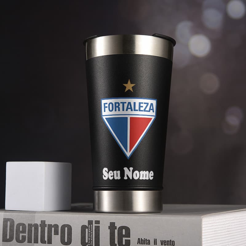Copo térmico tumbler personalizado fortaleza futebol 473ml aço inoxidável com abridor de garrafas embutido e tampa
