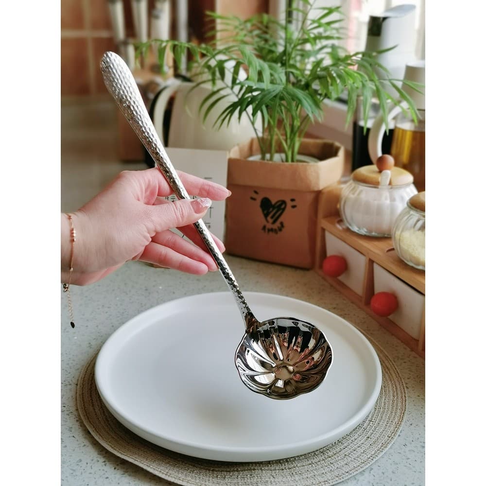 [Folha de lótus marmizada] Colher de sopa de aço inoxidável 304 Colher de Congee Cabo longo Colher de panela quente Colh
