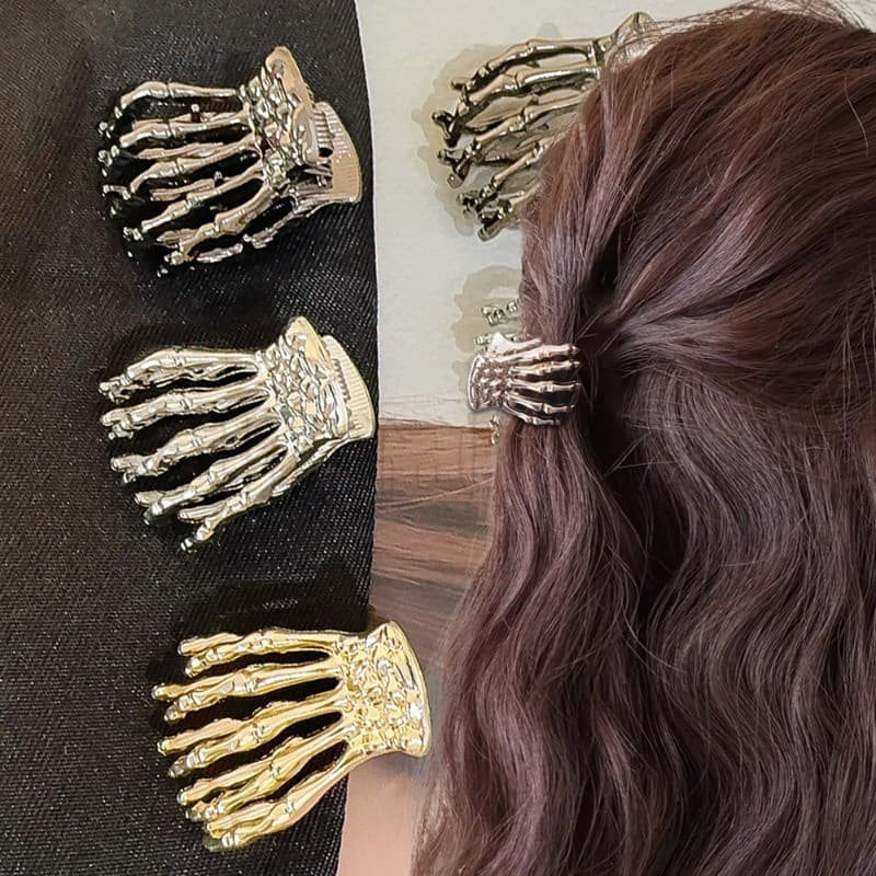 Conjunto de 2/4/6 peças de mini presilhas de cabelo em formato de mão de caveira para Halloween - Presilhas de cabelo em