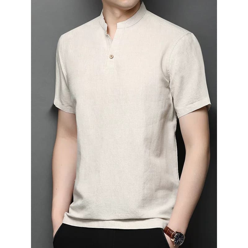 Camisa masculina de manga curta de linho juvenil de meia-idade verão fina Casual novo estilo chinês com decote em v cami