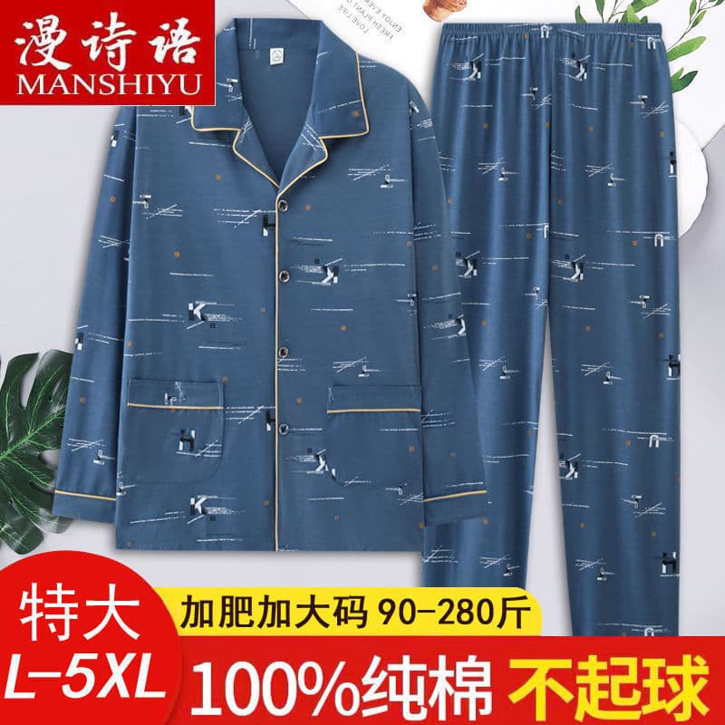 Pijamas masculinos de algodão puro de manga comprida primavera outono meia-idade jovem pai solto Plus Size Loungewear te