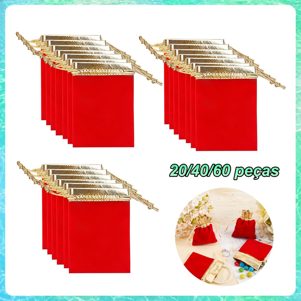 20/40/60 Peças Saquinhos de Veludo Vermelho 7x9cm/10x12cm com Cordão Dourado para Joias, Doces e Lembranças