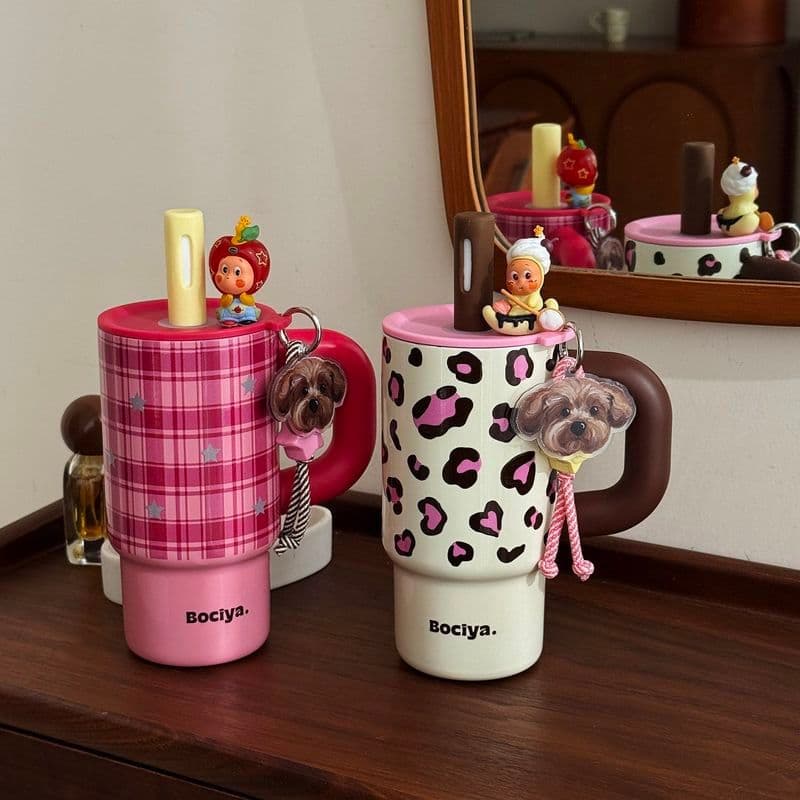 Copo térmico com estampa de leopardo de alto valor, copo térmico para meninas, copo de palha de aço inoxidável 316, estu