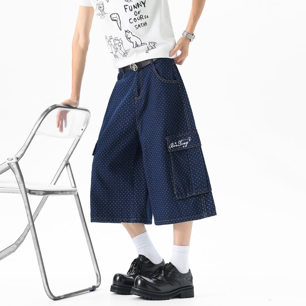 Americano Retro bolinhas Multi-bolso bordado cortado Jeans masculino feminino verão All-Match solto Casual Shorts de per