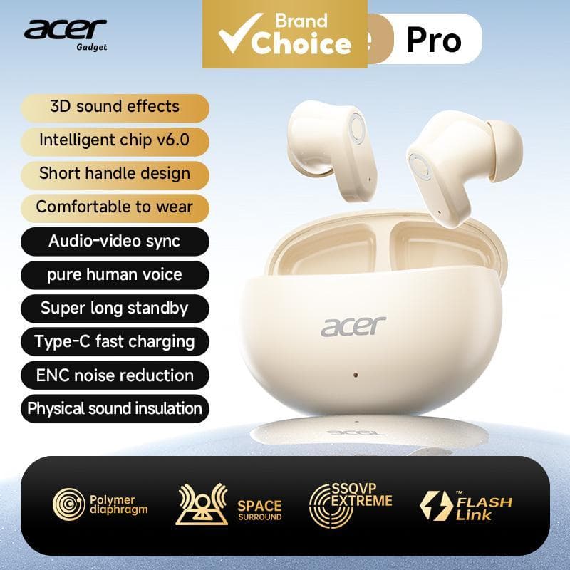 Acer Gadget Beige Pro Fones de Ouvido Bluetooth Sem Fio Fones de Ouvido Redução de Ruído Fones de Ouvido para Jogos TWS
