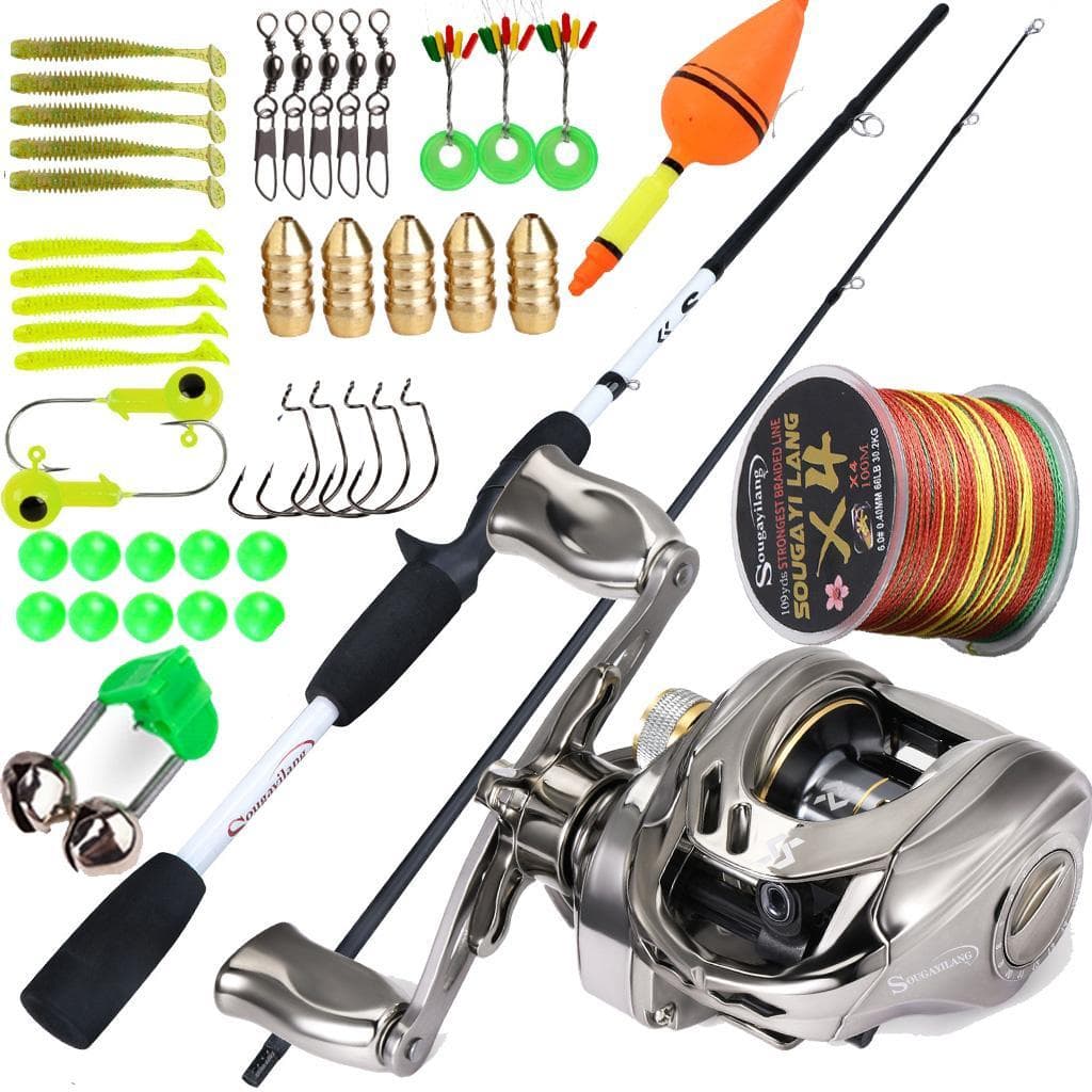 Kit de Pescaria Sougayilang Vara de pesca 1.65m 2 seções + Carretilha de pesca 7.2:1 + Linha de pesca + Isca de pesca