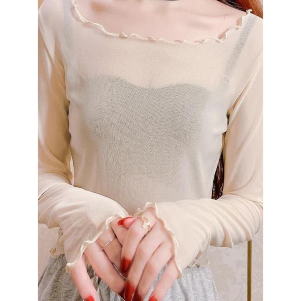 Fungus borda malha camisa de fundo feminina manga comprida outono estilo fino grande em torno do pescoço renda interna s