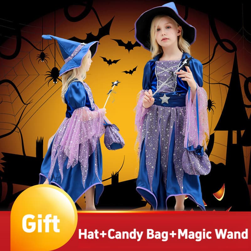 [Envio no mesmo dia] Fantasia de Halloween cosplay infantil bruxa conjunto de 4 peças fantasia de performance de feriado