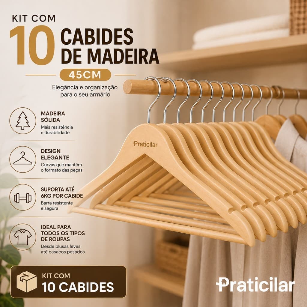 Kit 10 Cabides de Madeira para Armário Organização de Roupas Quarto