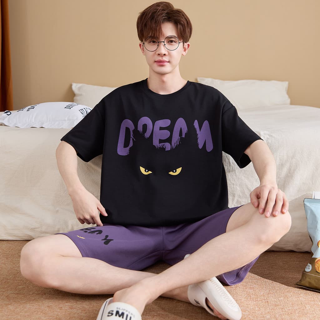 Loungewear masculino bonito de duas peças de algodão puro de manga curta 2026 pijama Casual infantil grande