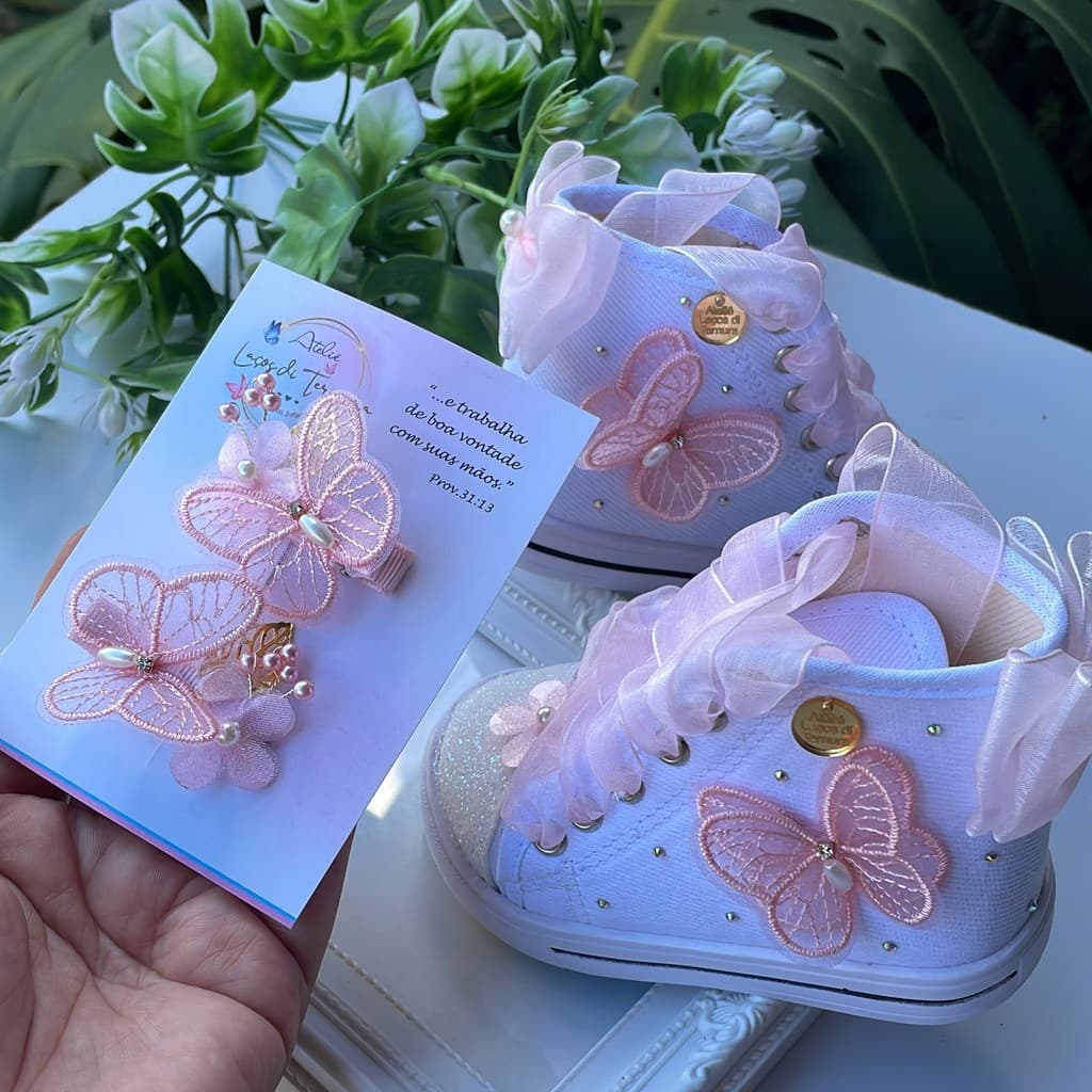 Tênis Menina Jardim das Borboletas Rosa ou Lilás Sapatinho + Par de Presilha Laço Decorado Festa