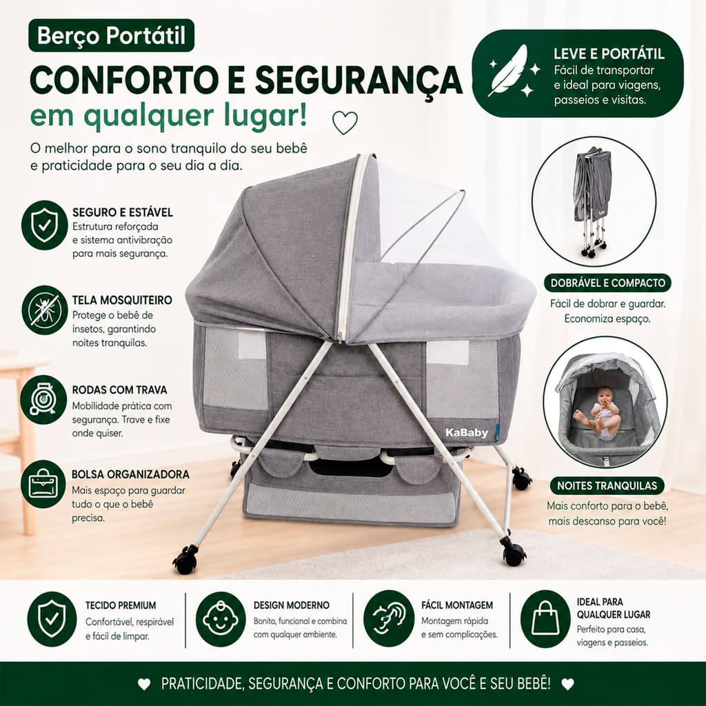 Berço Moisés Portátil Balanço Mosquiteiro e Cesto Até 9kg