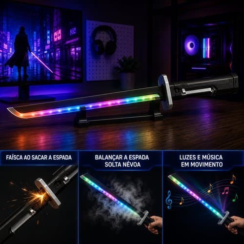 Espada Sabre Luz Retratil 80cm Efeitos Som Movimento Preto Jogo Filme
