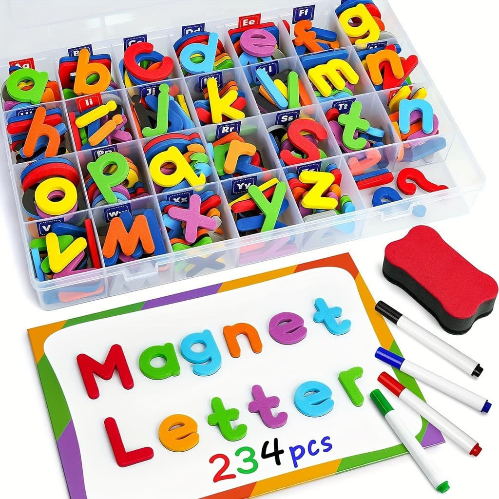 234 letras magnéticas educativas |         Conjunto de letras de espuma, com placa de base e caixa de armazenamento, bri