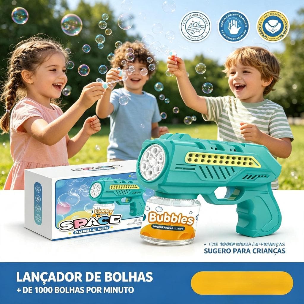 Lançador de Bolhas Espacial Automático com Luzes LED Pistola de Bolhas Infantil Brinquedo Resistente e Seguro