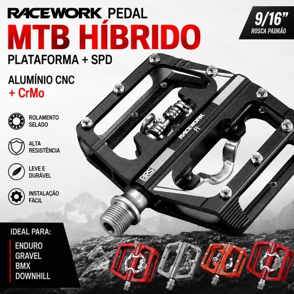 RACEWORK Pedal MTB Híbrido Plataforma SPD Alumínio CNC Eixo CrMo 9/16 Rolamentos Selados com Tacos para Bicicleta Gravel