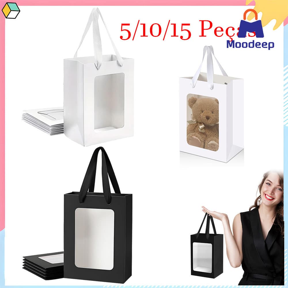 18 x 13 x 25 cm, 5/10/15 Peças Sacos de papel com alças e janela transparente, presentes e sacolas de compras