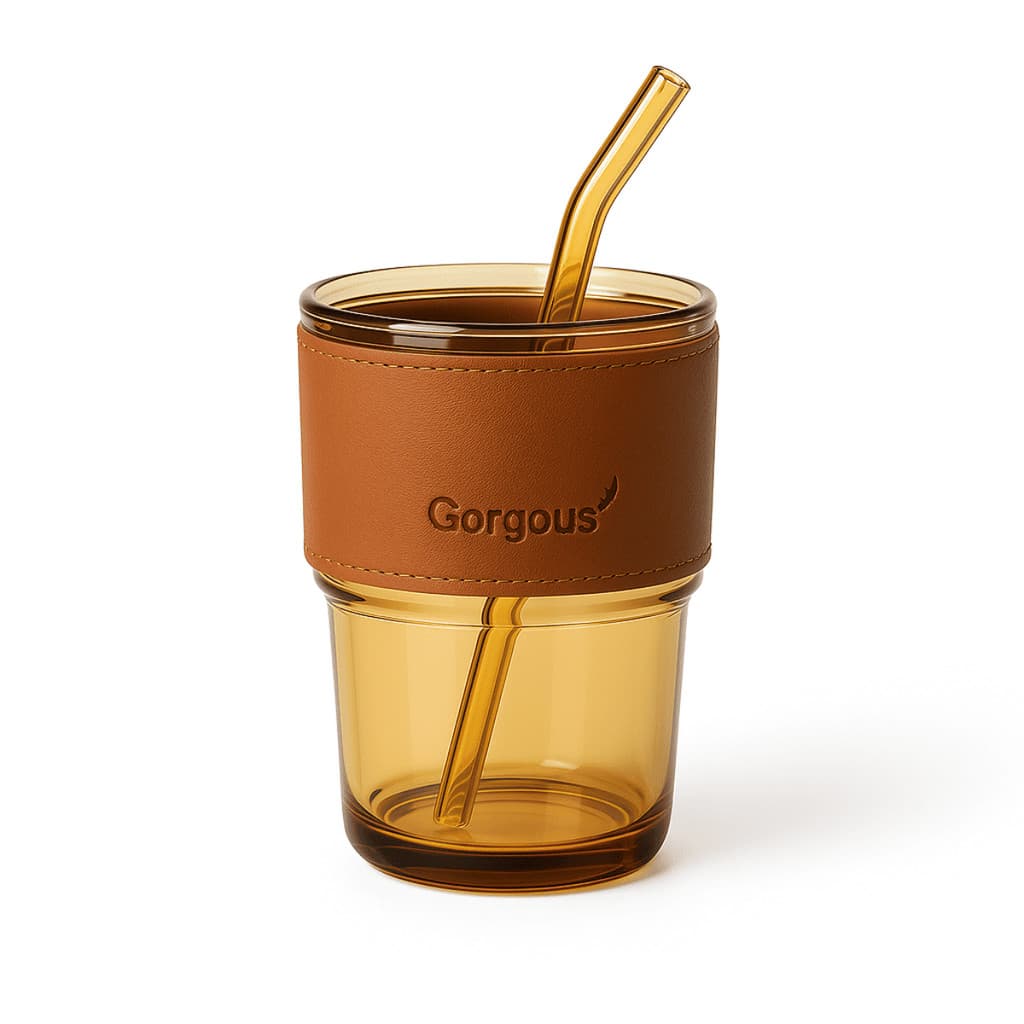 Copo de Vidro com Canudo Marrom Com Canudo 400ml Coldre Couro Decoração Café Chá Capuccino Caneca