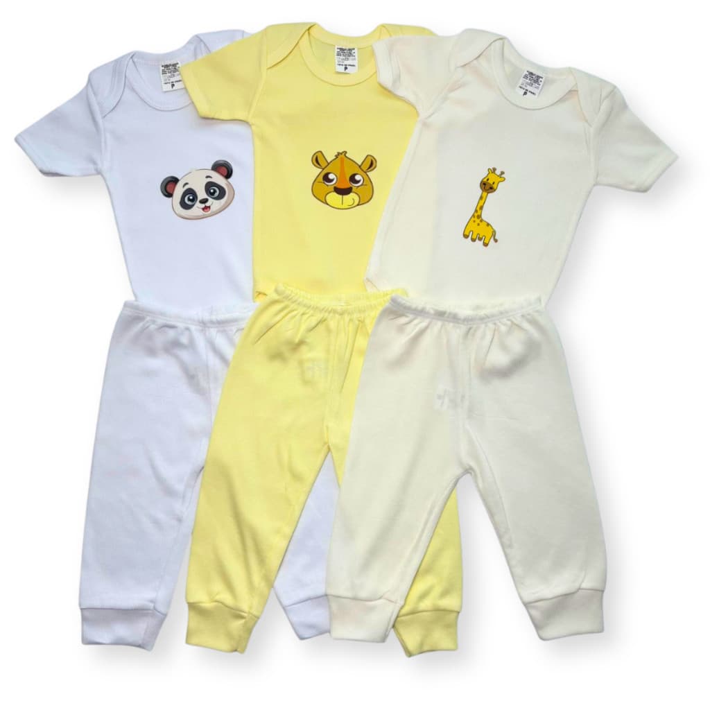 Kit 6 Peças Body de Bebê Manga Curta + Mijão Bebê Estampa DTF Malha Canelada