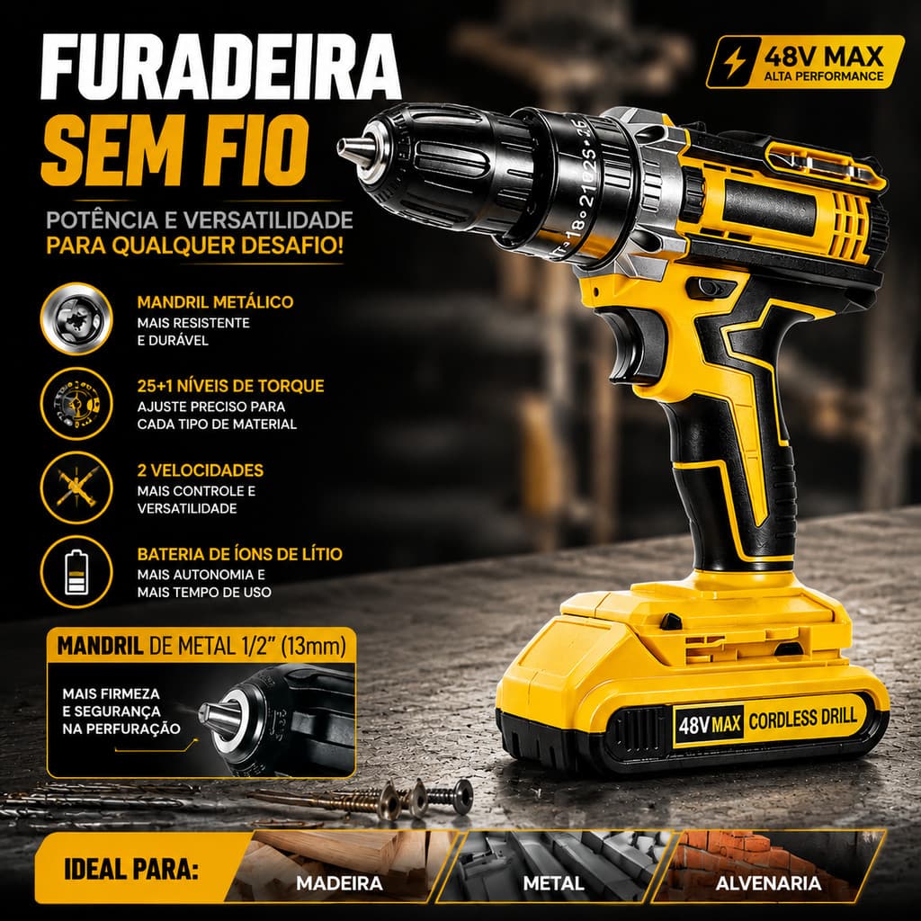 Avançado Furadeira e de Impacto Sem Fio 48V  2 Baterias Compatíveis, Estojo de Armazenamento + 28 Acessórios Completos,