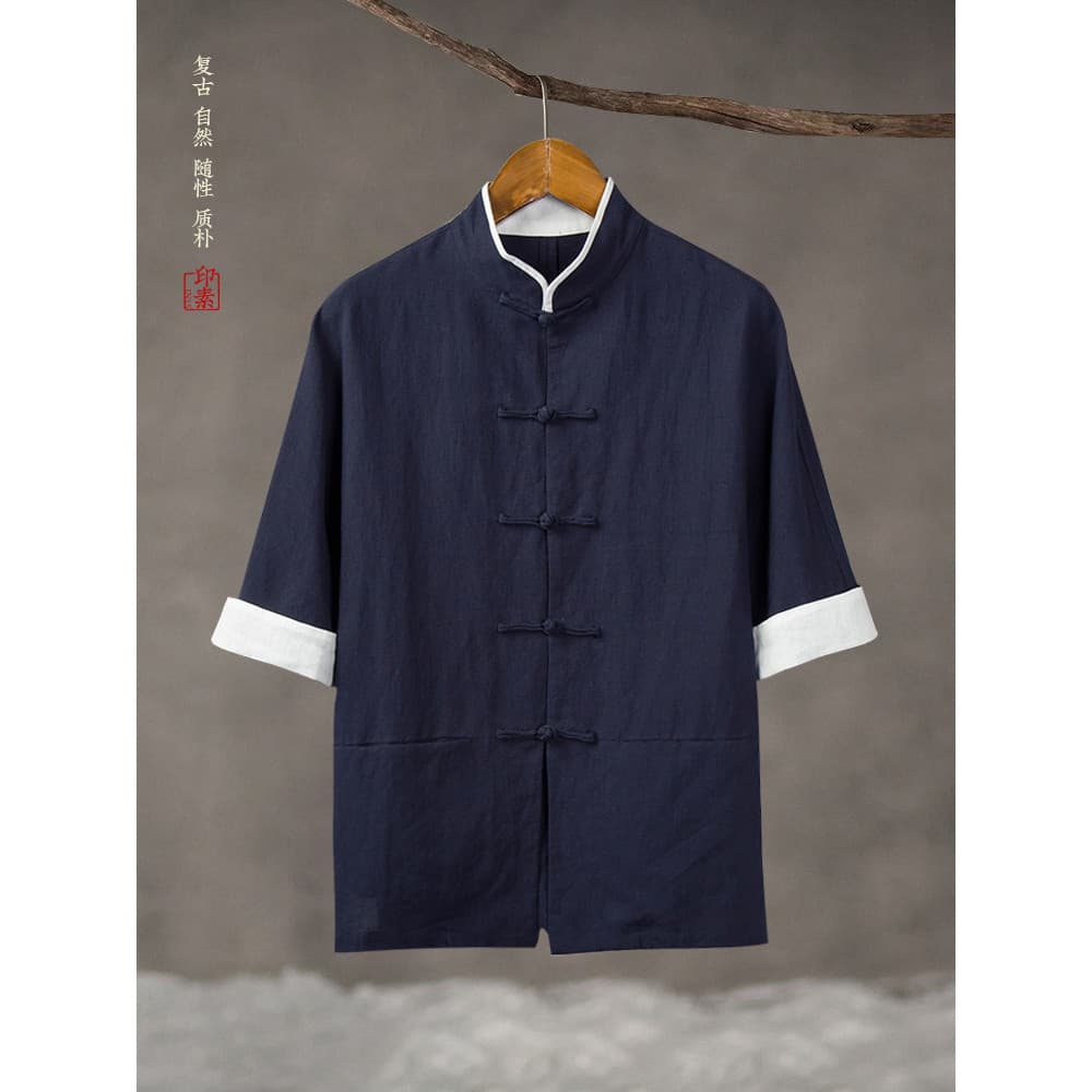 Verão novo chinês Retro camisa de linho masculina de manga curta algodão linho botão três quartos camisa de manga gola a