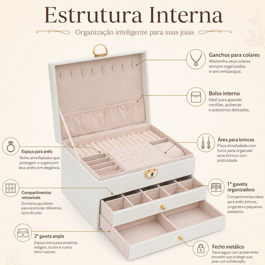 Porta Joias Triplo Grande Organizador de Bijuterias Colares Aneis Brincos Gavetas Quarto Luxo