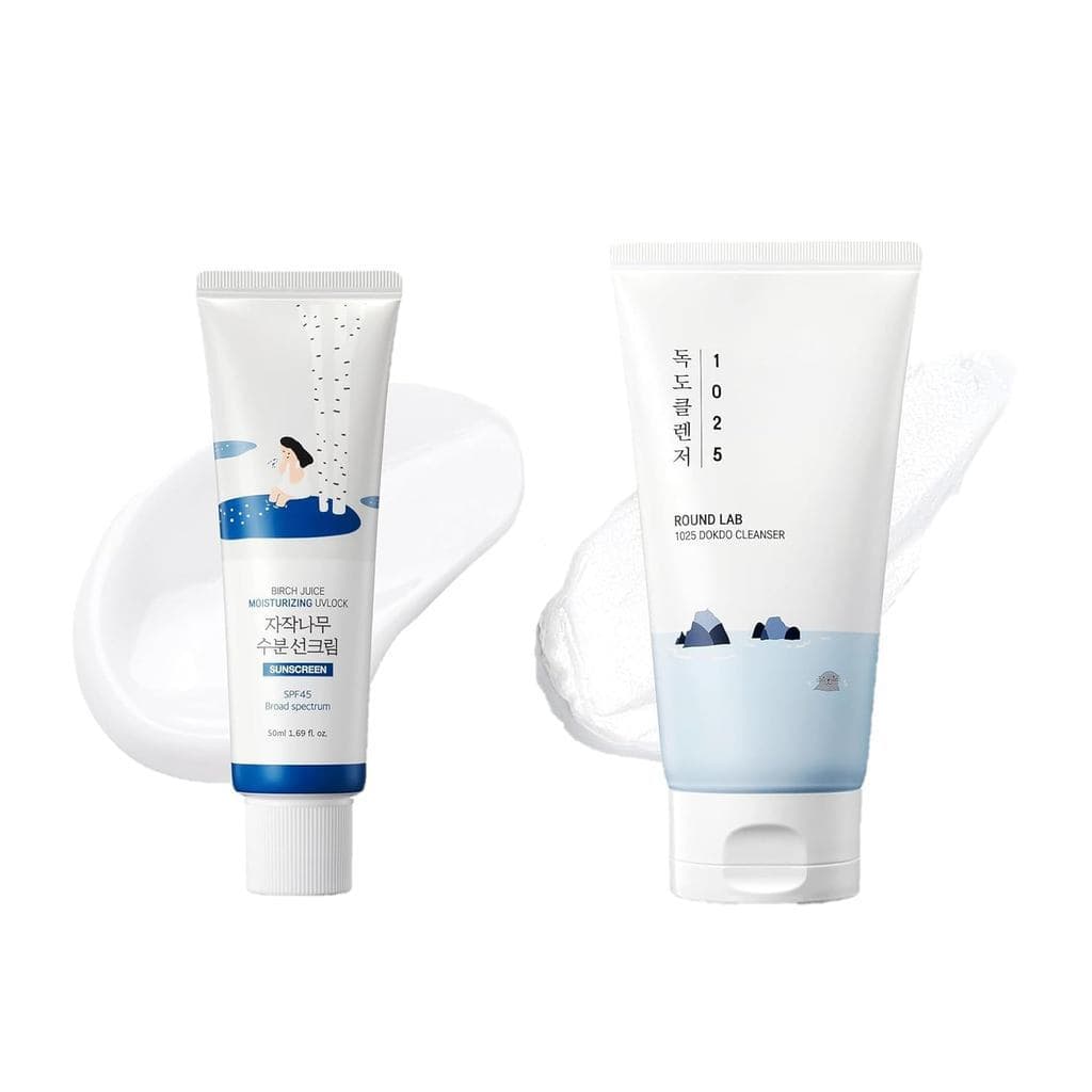 ROUNDLAB Birch Juice Protetor Solar Hidratante e Conjunto de Limpeza 1025 Dokdo, Hidratante, Proteção UV e Sabonete Faci