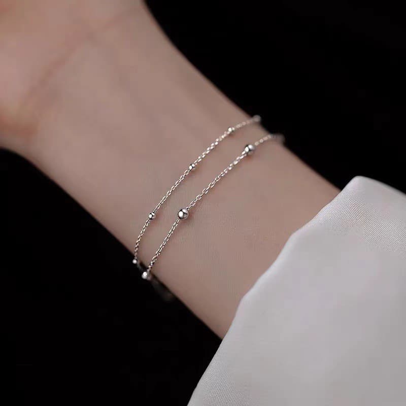 S925 prata esterlina dupla redonda grânulo pulseira simples moda jóias feminino estudante presente