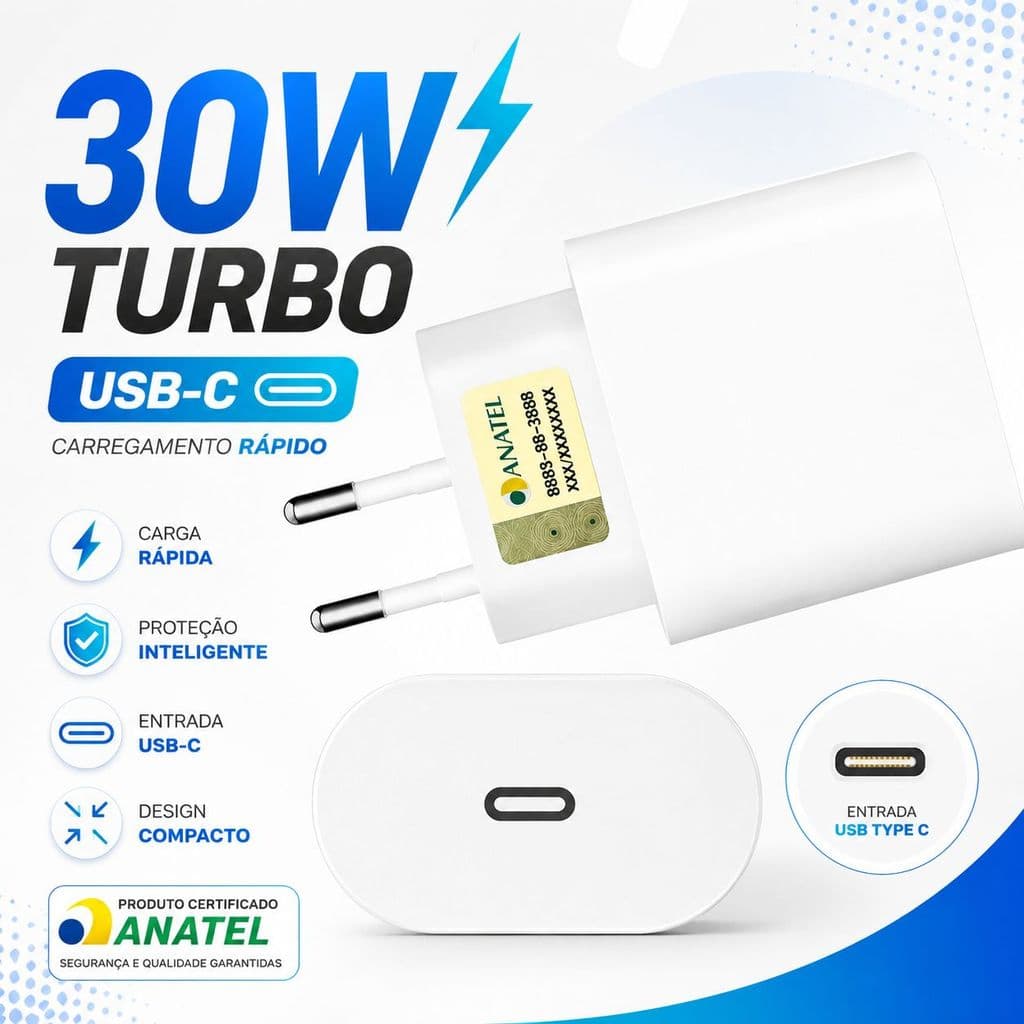 Fonte Turbo 30W iPhone 11 ao 16 Carregador USB-C Anatel Tipo-C Rápido Samsung Motorola