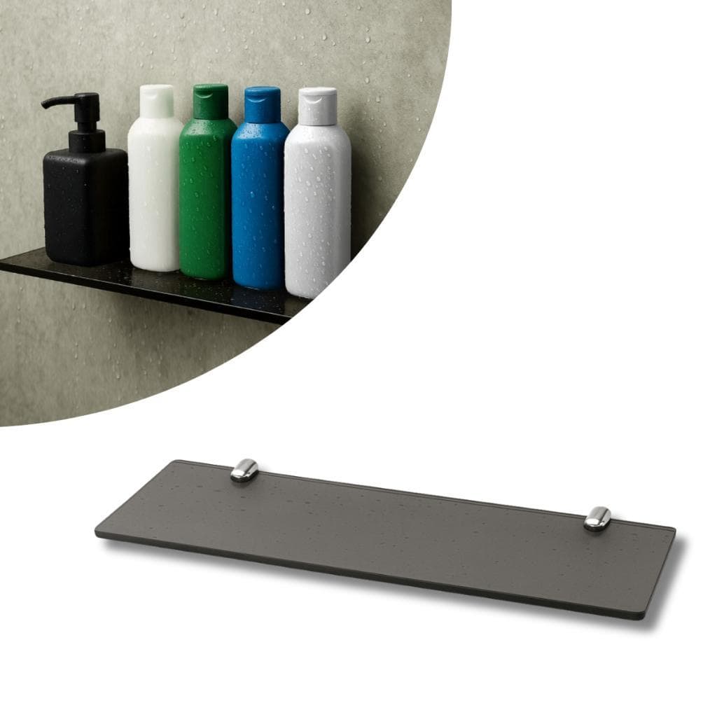 Prateleira de Vidro Porta Objetos 30cm Vidro Fumê com Fixação Dupla Cromada Porta Shampoo Reto