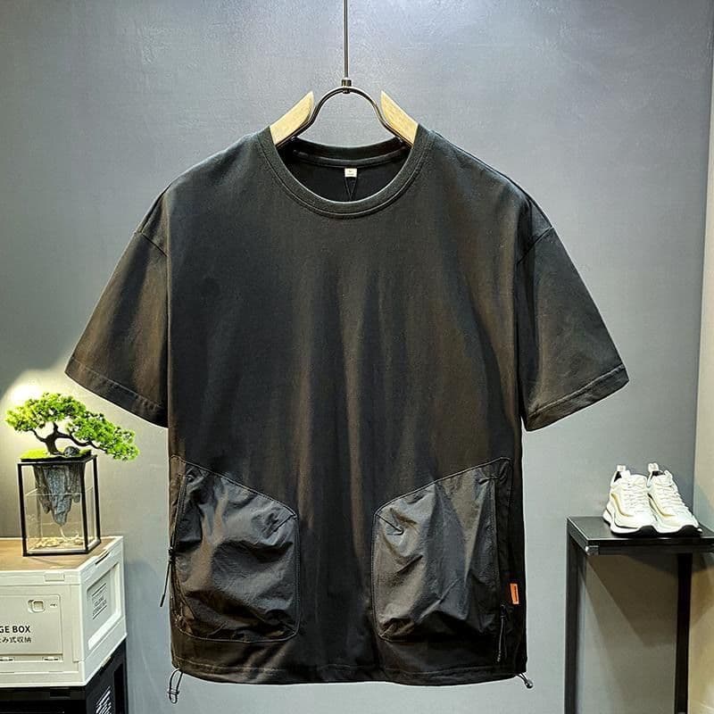Camiseta masculina de manga curta com gola redonda, novo estilo de verão, roupa de rua, bolso com zíper pesado, Casual,