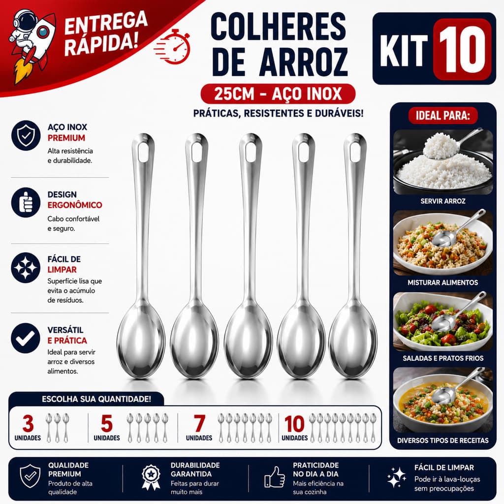 Kit 10 Colheres de Servir Arroz Inox Grande 25cm Ideal Para Cozinha Restaurante e Buffet