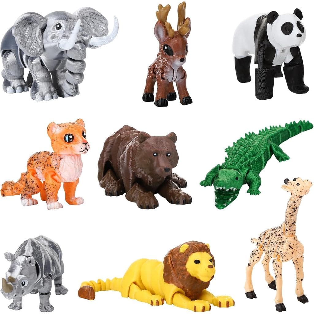 9 peças de figuras de animais de safari impressas em 3D, articuladas: elefante, leão, girafa, crocodilo, cervo, rinocero