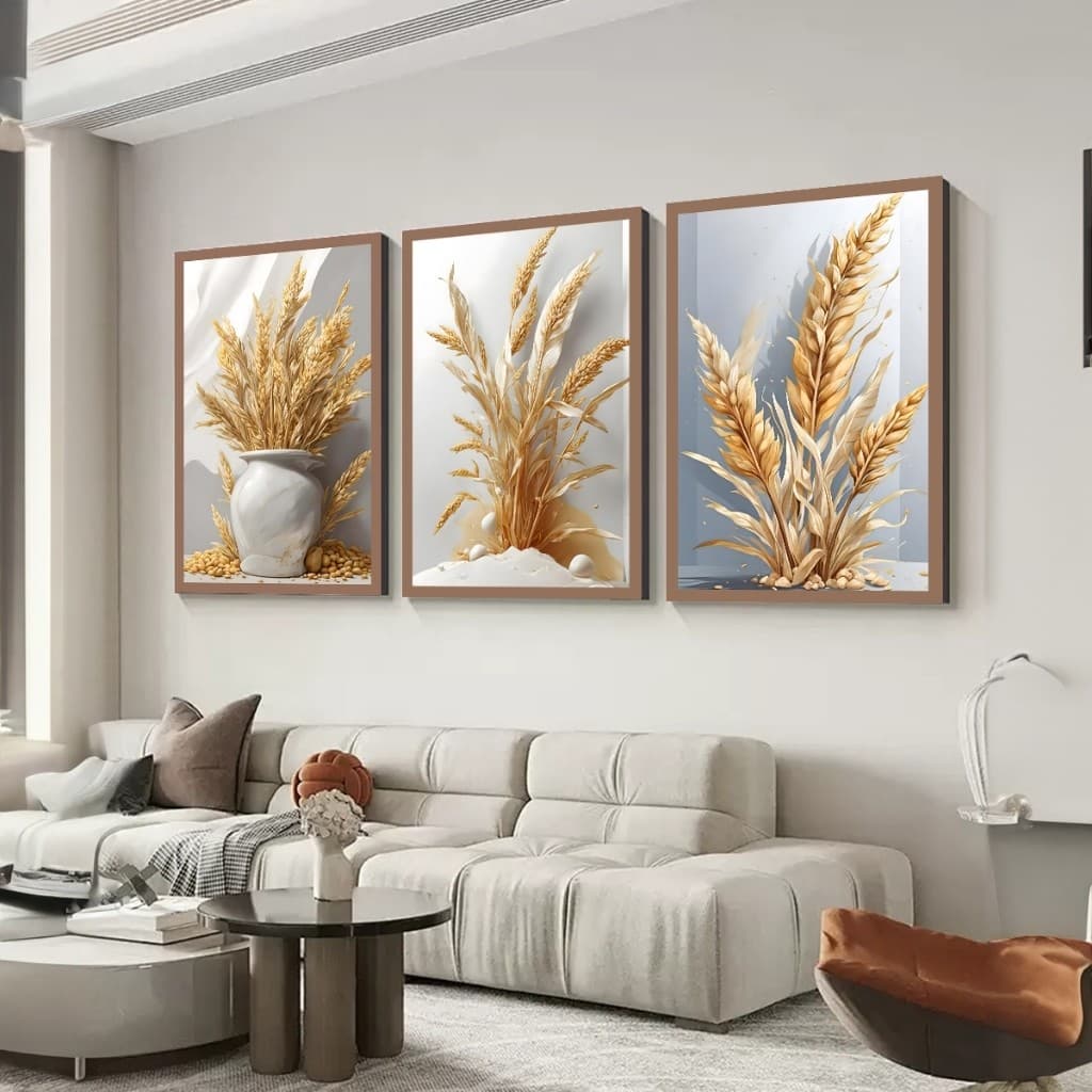Kit 3  Quadros Decorativos com Pintura a óleo de Arroz e Trigo Decoração de Parede Para Sala de Estar e Quarto