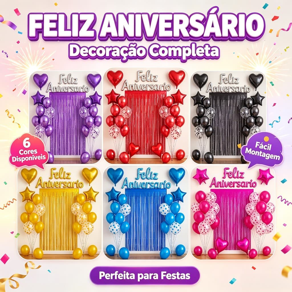 Kit Balão Metalizado Cortina Bexiga Feliz Aniversário Decoração de Festa Completa