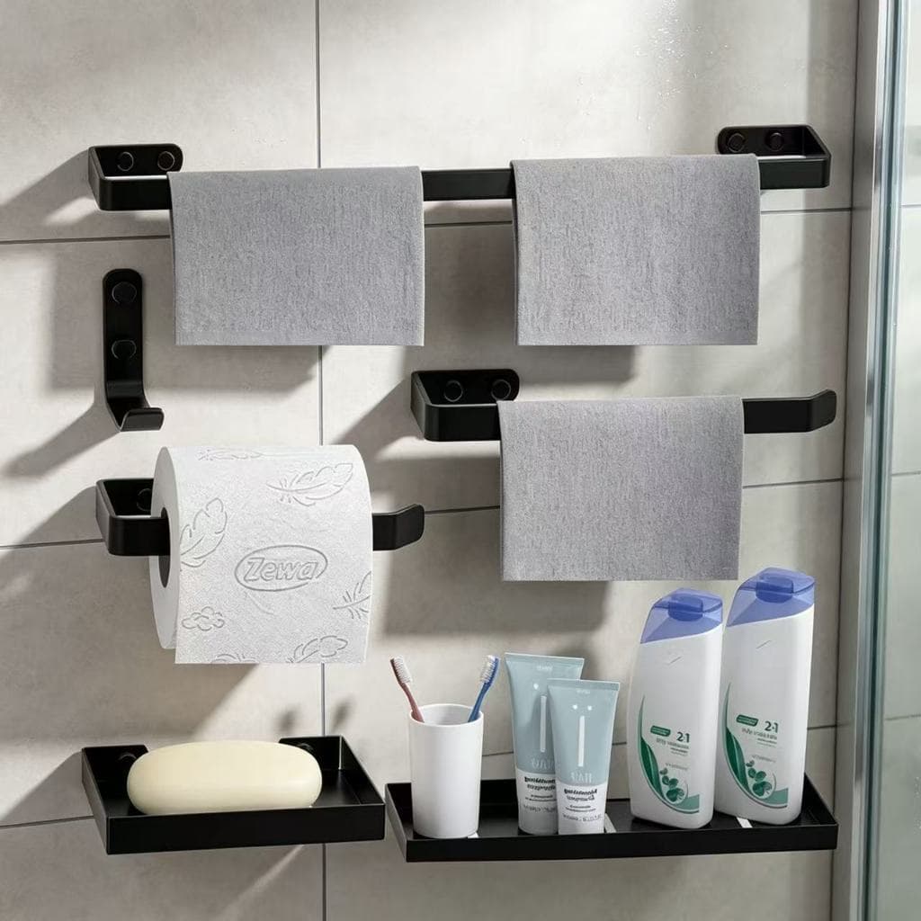 Kit Acessórios para Banheiro em Ferro Preto Fosco 6 Peças Porta Toalha Porta Papel Saboneteira Prateleira