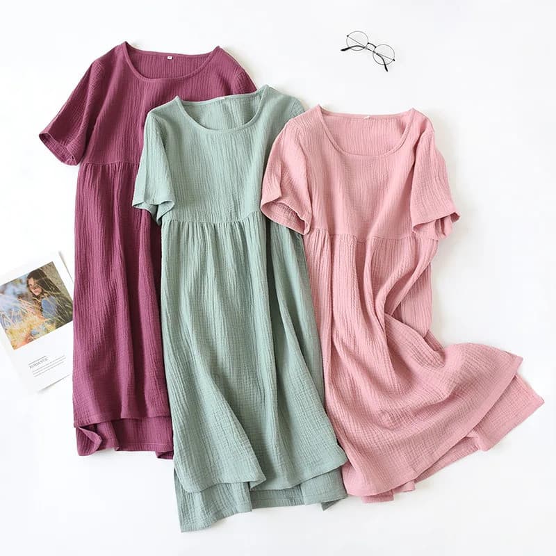 Verão Sleepshirts Confortável Cor Sólida Algodão Gaze Saia Longa Casa Camisola Feminina Em Torno Do Pescoço Seção Fina