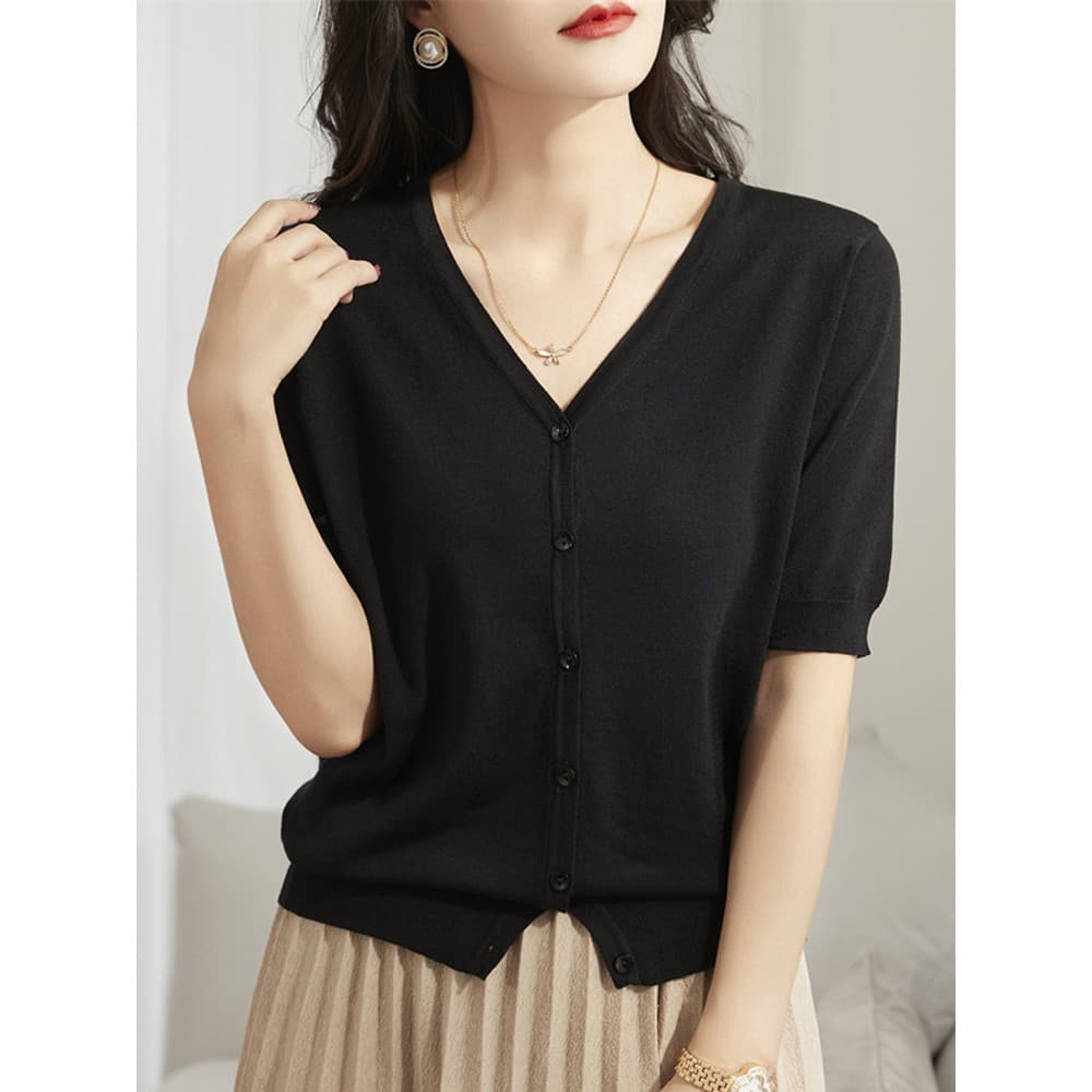 Street Wear genuíno ombro com decote em v abotoado camisola camiseta feminina 2026 verão novo estilo solto High-End fran