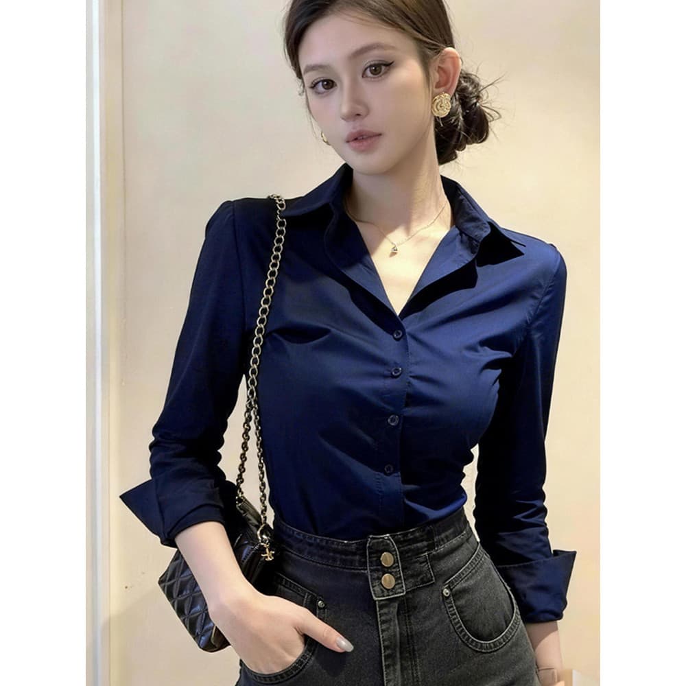 Street wear francês POLO colarinho camisa de manga comprida feminina primavera outono único Breasted magro-ajuste mais m
