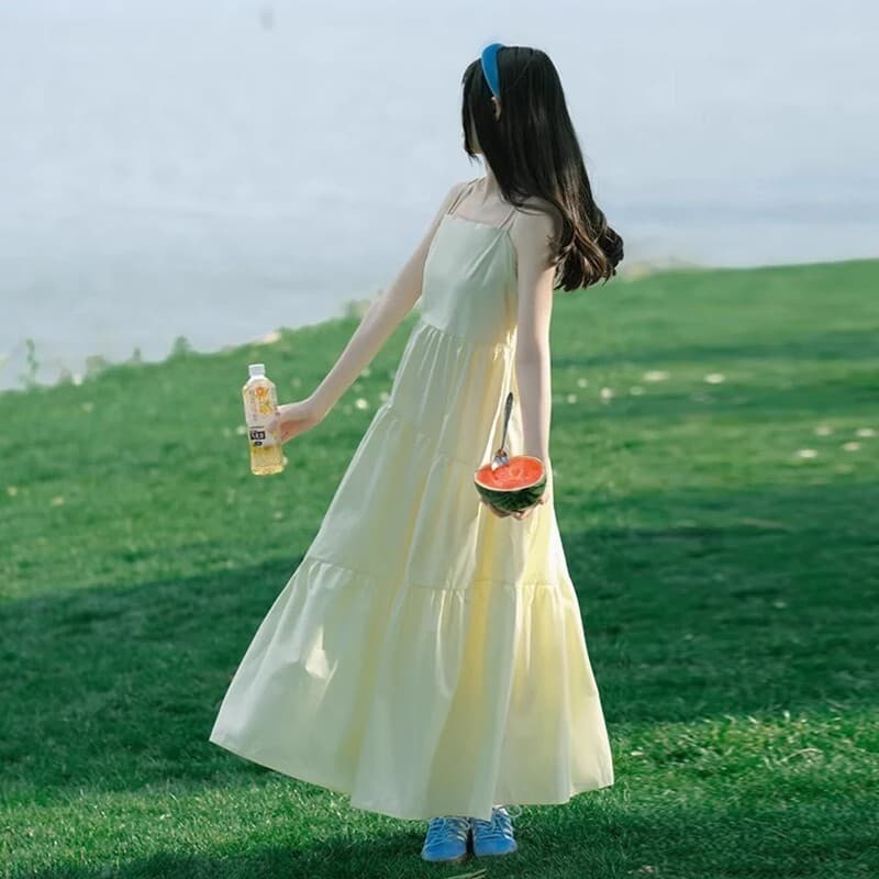 Suave estilo Fengsen Super fada amarelo estilingue vestido feminino verão novo estilo moda cintura estreita saia longa r