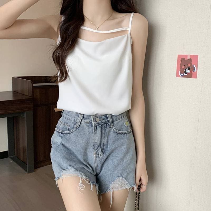 Warmwing Coreano Chique Sem Mangas Cinta Quadrada Colla Colete Feminino Verão Exposição Solta Design Irregular Sentido T