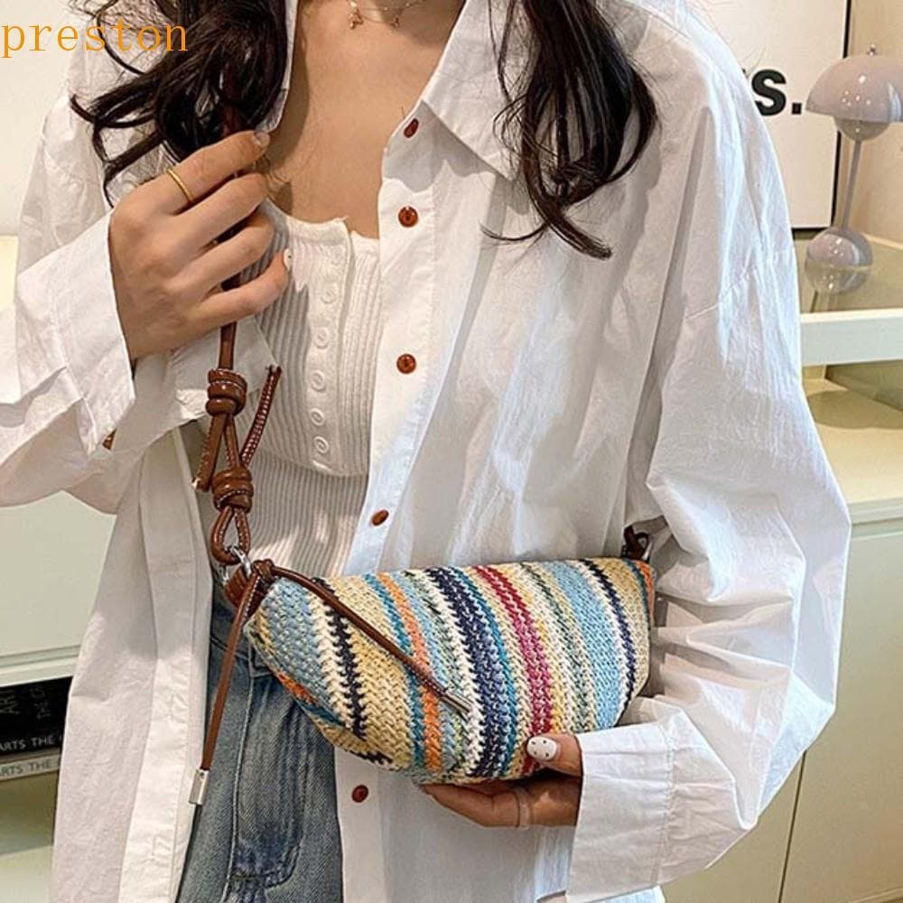Bolsa De Ombro Tecida Em Palha PRESTON , Leve Para Bolinho De Grande Capacidade , Multicolorida