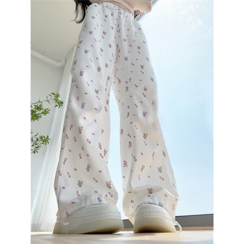 Macacão Floral branco feminino 2026 novo estilo primavera outono cintura alta perna larga reta Casual Leggings estudante