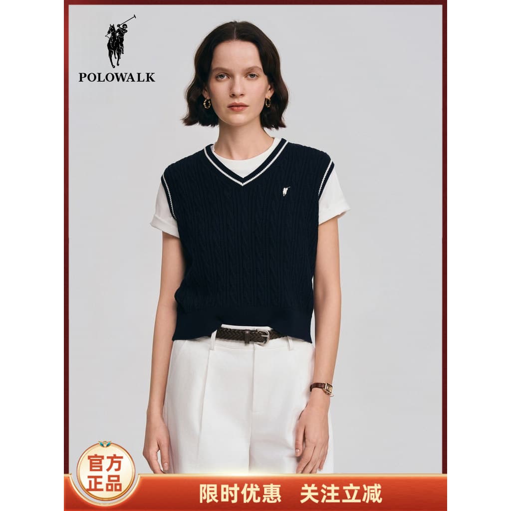 POLOWALK Colete de malha feminino 2026 primavera novo produto estilo Preppy com decote em V contraste cor colete de malh